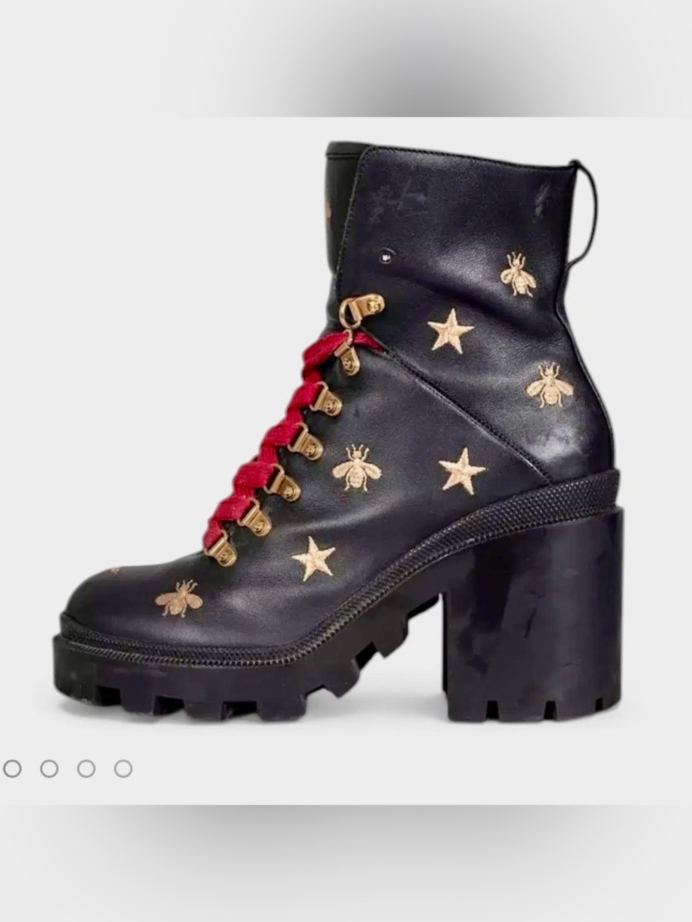 Black Embroidered Star & Bee Lace-Up Block Heel Boot with detachable pearl